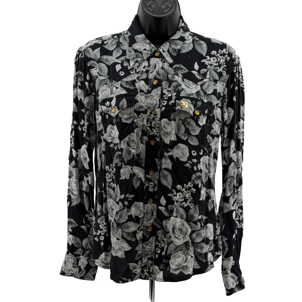 True Religion Shirt Womens L Black Floral Rose Western Button Down Long Sleeve